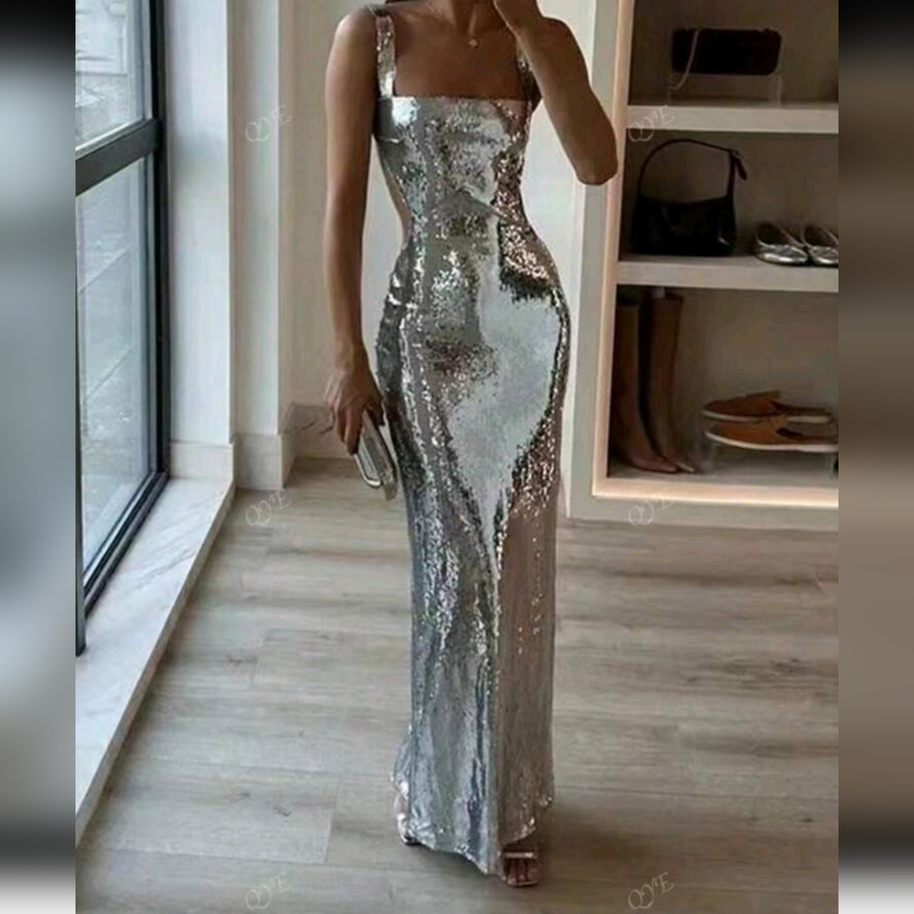 Metallic Sequin Square Neckline Fishtail Backless Sleeveless Cocktail Dress - Picture 1 of 6